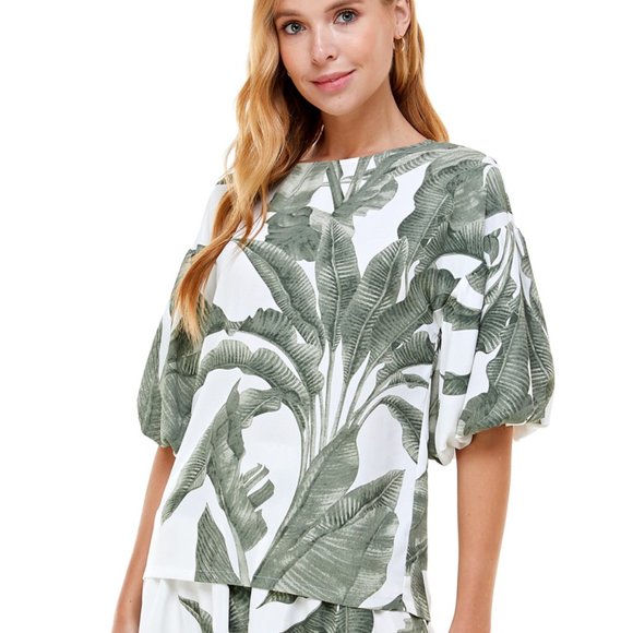 TCEC | NWOT |  Bubble Sleeves Palm Tree Top | S | Green - Picture 2 of 5